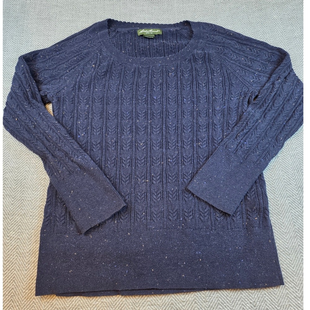 Eddie Bauer Navy Blue Cable Knit Scoop Neck Flecked Cotton Blend Sweater Large